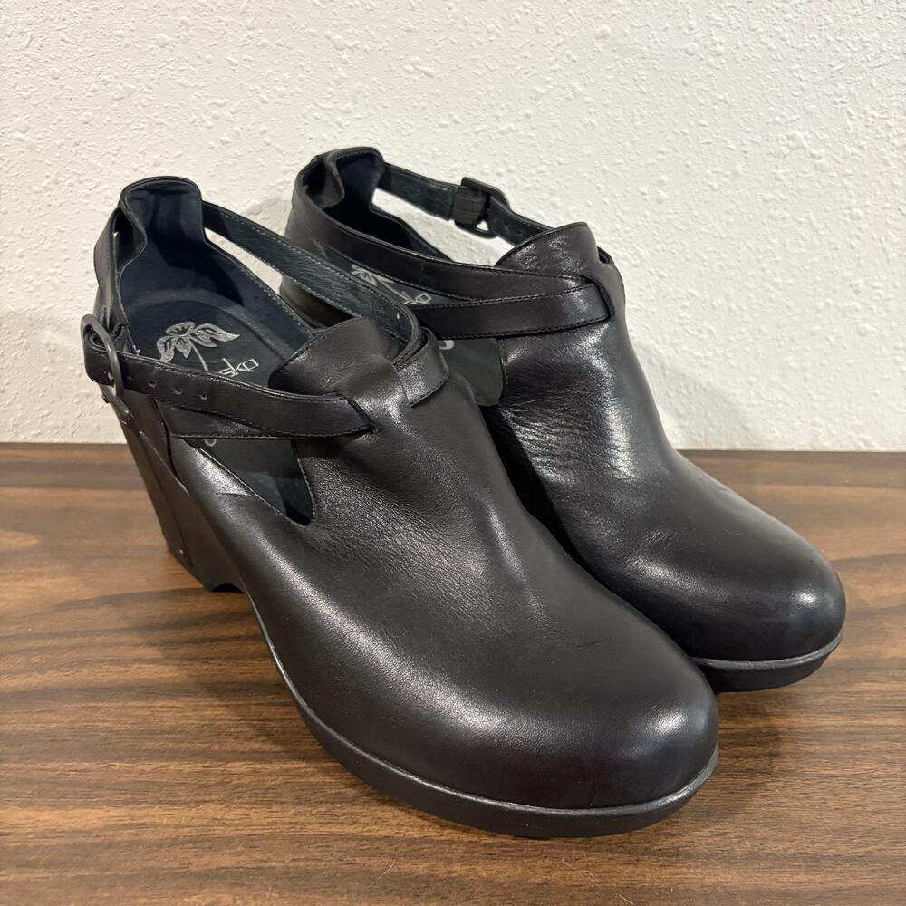 Dansko Franka Womens Sz 41 US 10.5 11 Strappy Wedge Clog Black Leather Bootie